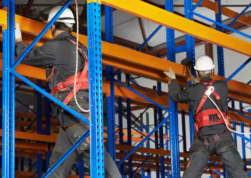 Technicians installing industrial storage racks in a UAE warehouse